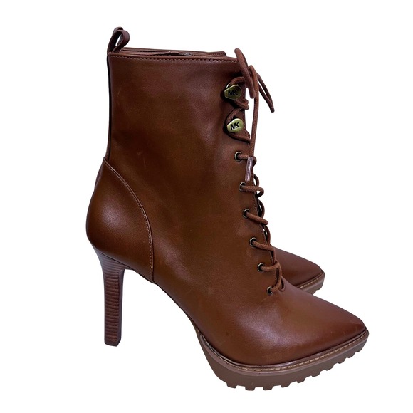 NWOB: Michael Kors 8.5M Brown Leather Lace Up Heeled Lug Sole Ankle Boots (B577) - Picture 4 of 9